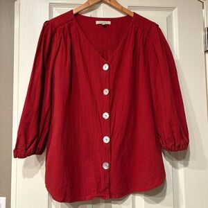 POLAGRAM Boutique Red Bishop Sleeve Top Size L Shell Buttons 100% Cotton Blouse